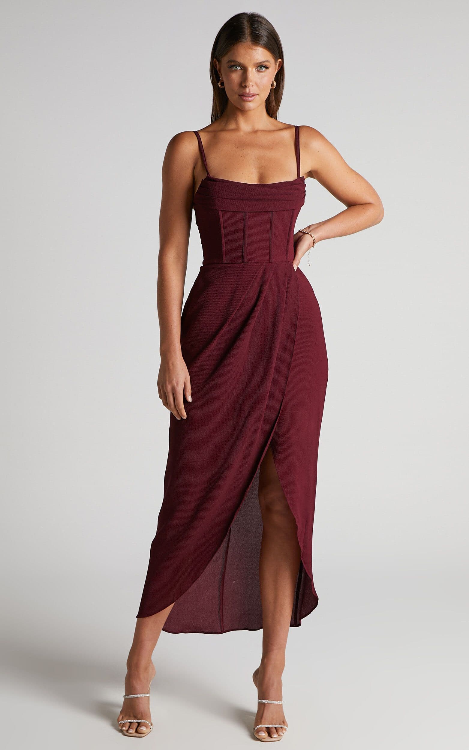 Burgundy Corset Midi Dress with Wrap Skirt