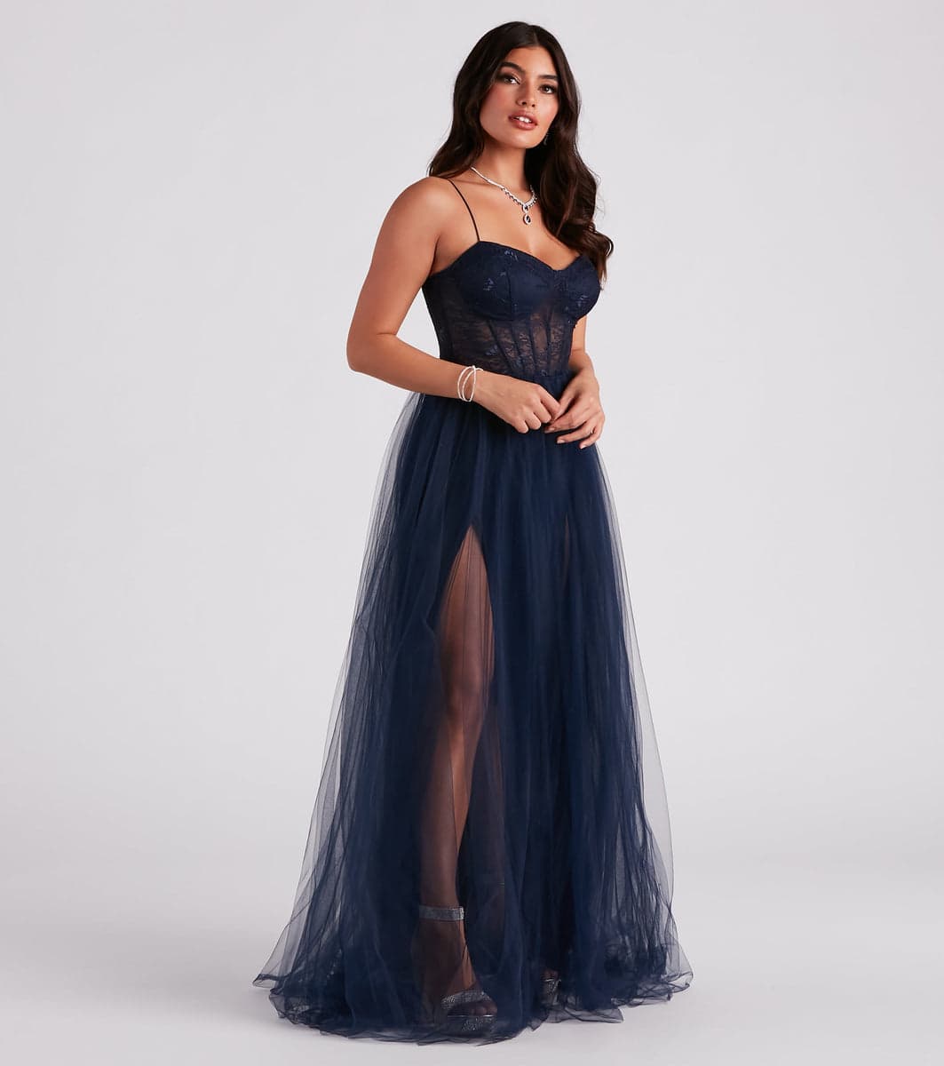 Navy Blue Tulle Corset Gown with Front Slit