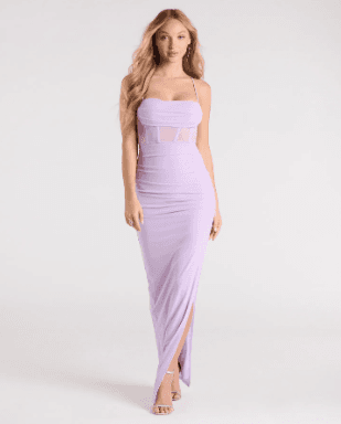 Lilac Ruched Corset Maxi Dress with Slit